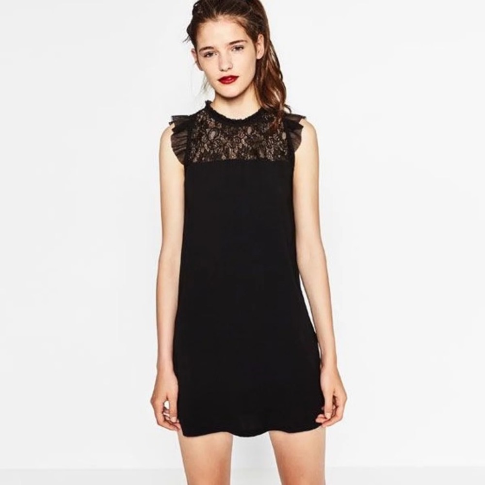 ZARA Black Dress w Lace Bib Front